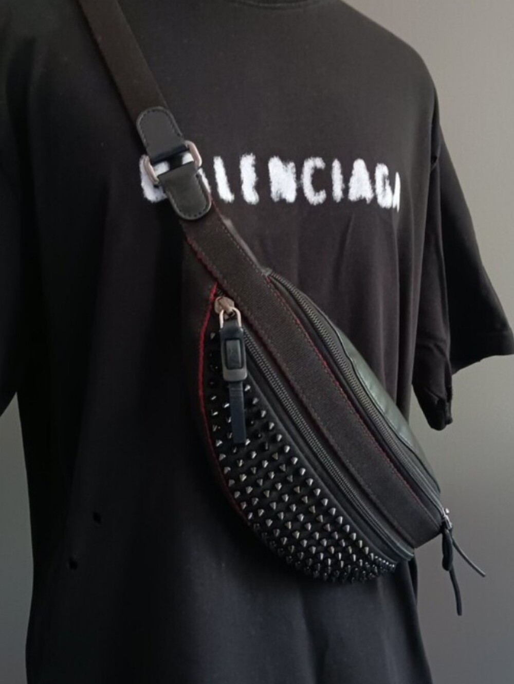 Louboutin  Black Stud-Embellished ,spiks Leather  Belt Bag ,waist, Chest  Bag